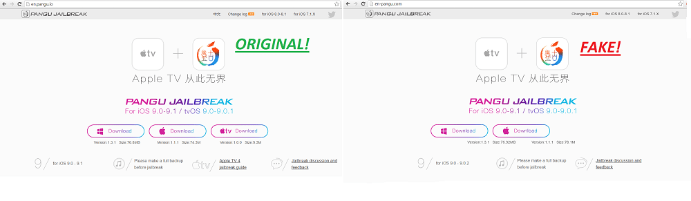 pangu fake site vs original