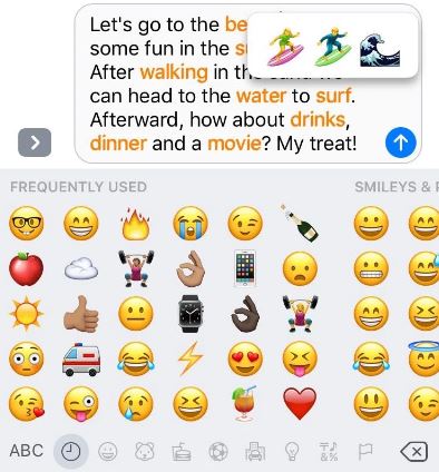 Tap to replace feature automatically highlights words that can be converted to emojis (image source: 9to5 Mac)